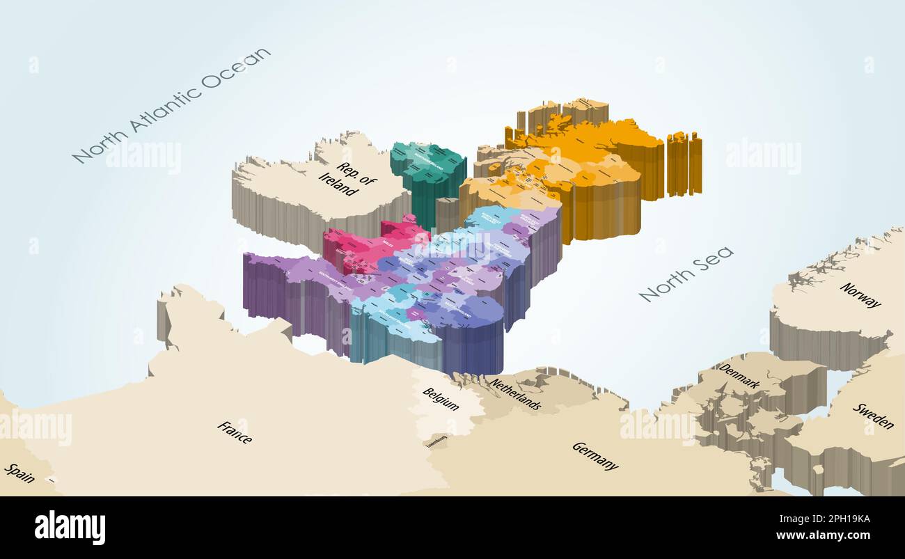 Mappa isometrica del Regno Unito colorata in base alle suddivisioni e ai paesi del governo locale, con i paesi vicini sullo sfondo Illustrazione Vettoriale