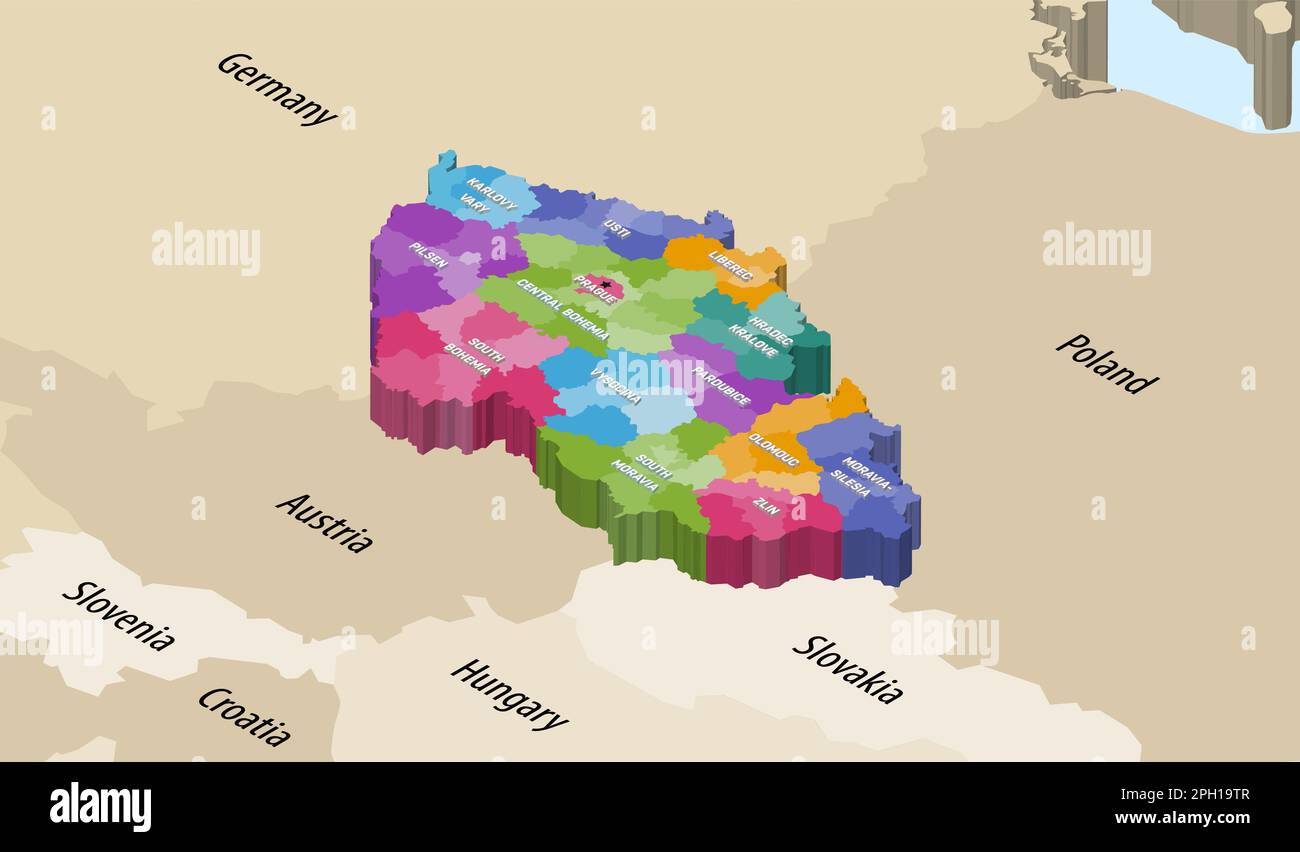 I distretti della Repubblica Ceca colorati da regioni mappa isometrica con i paesi vicini Illustrazione Vettoriale