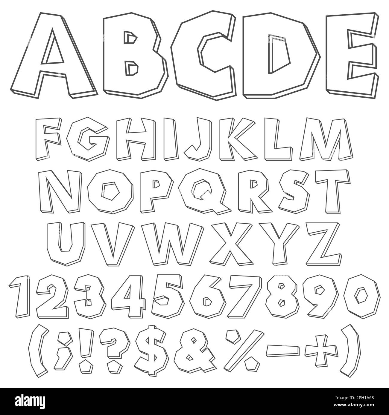Alfabeto, numeri e segni tagliati in bianco e nero. Oggetti vettoriali isolati su sfondo bianco. Illustrazione Vettoriale