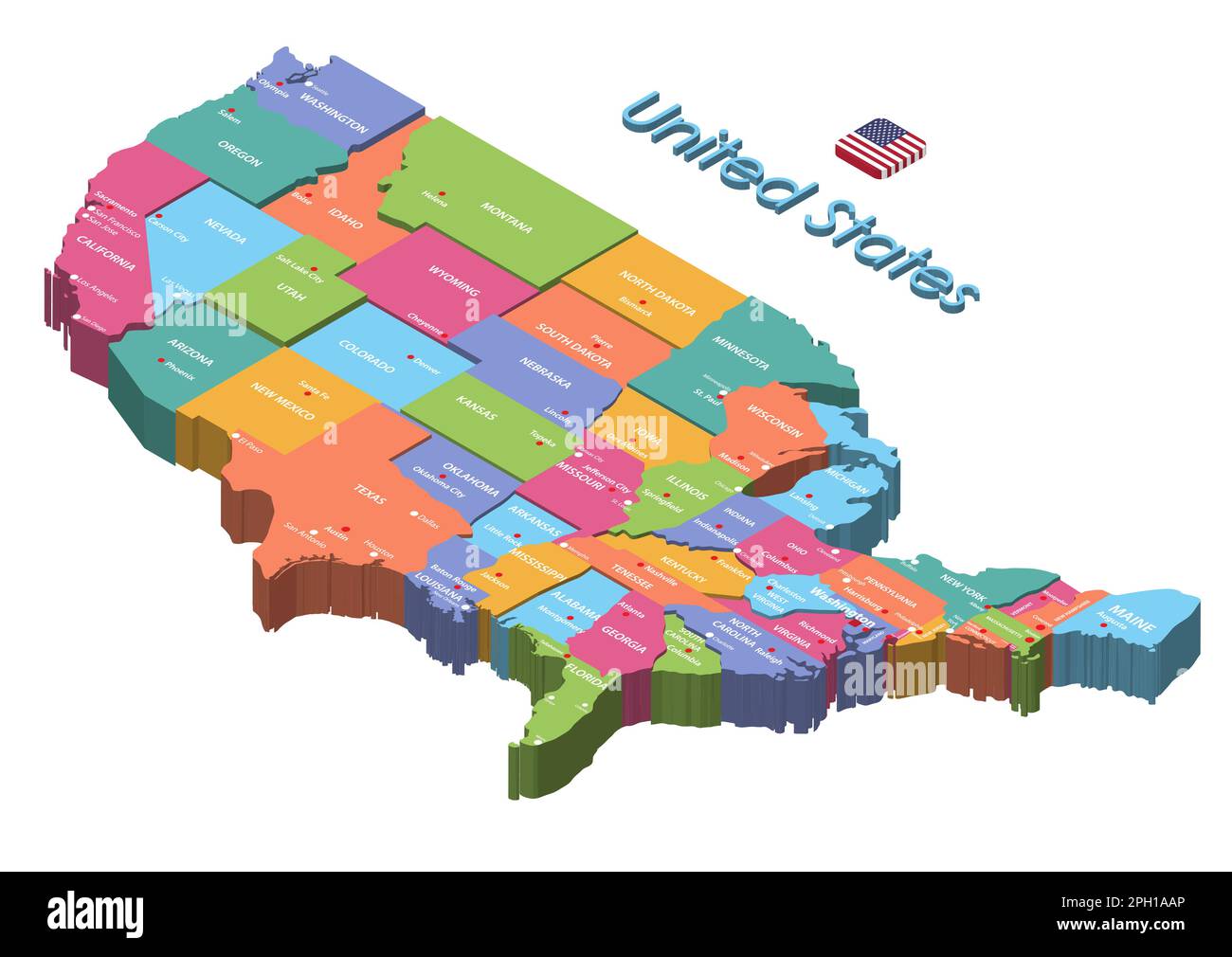 Mappa colorata isometrica a più livelli degli Stati Uniti con le capitali degli stati Uniti e le città più grandi su di essa Illustrazione Vettoriale