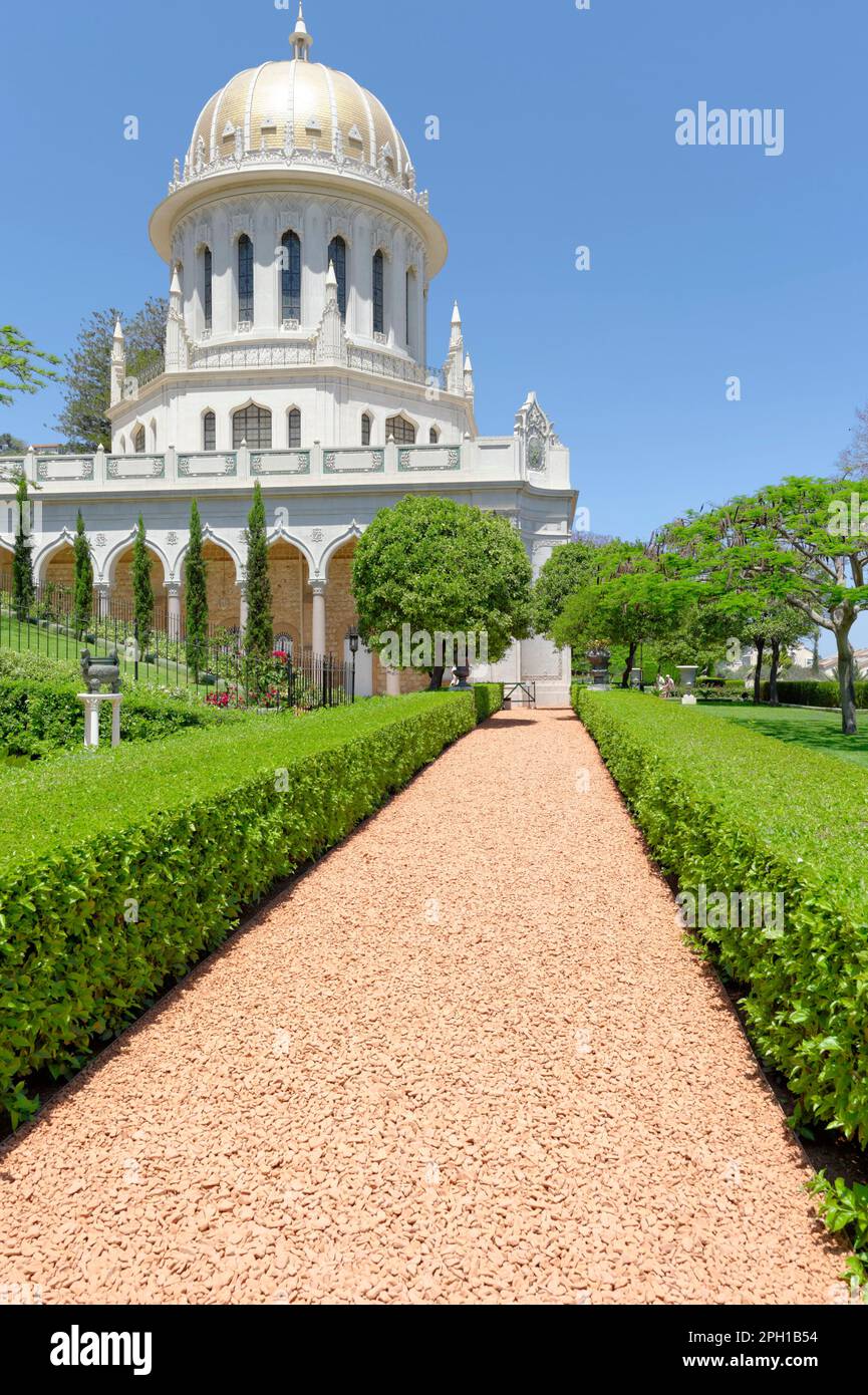 Foto del giardino del Bahai World Centre con il Santuario del Bab a Haifa, Israele Foto Stock