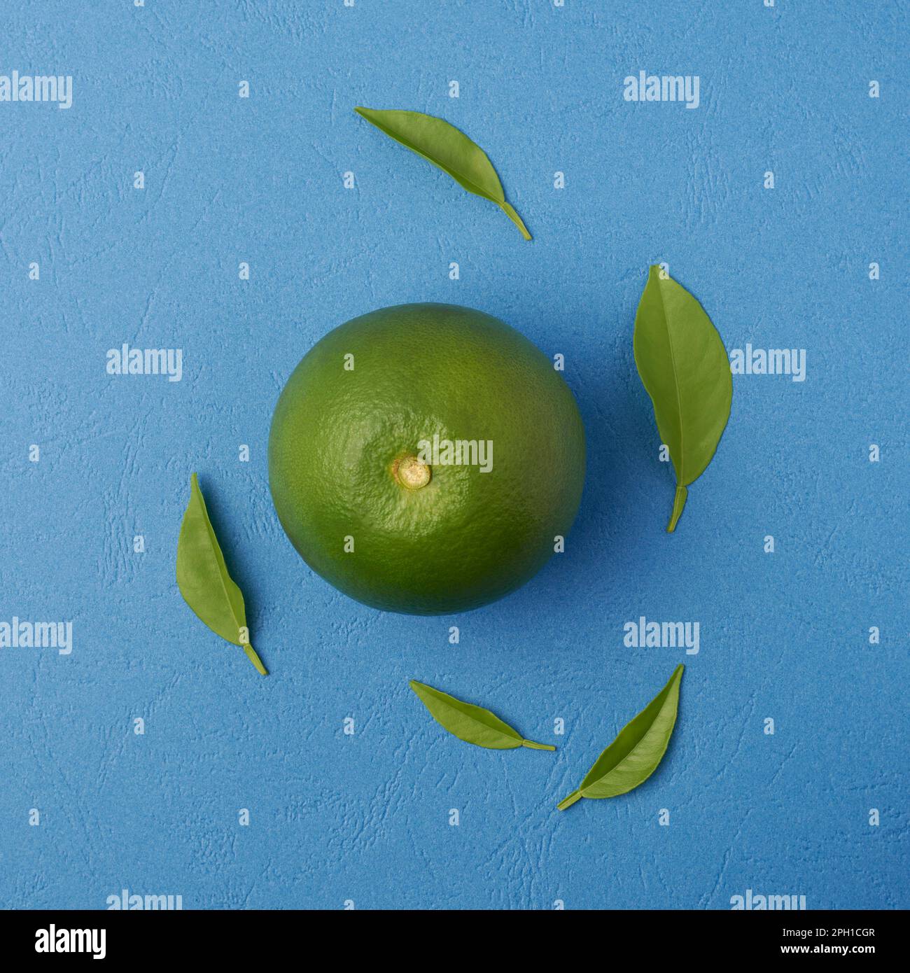 frutta verde buccia arancio su sfondo blu testurizzato con le sue foglie, alto in vitamina c, antiossidante e altre sostanze nutritive, preso direttamente dall'alto Foto Stock