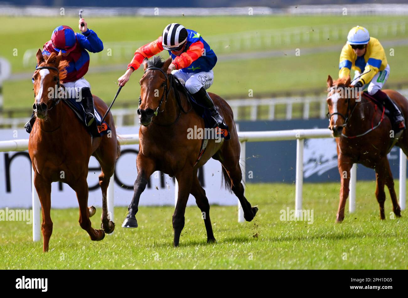 Honey Girl cavalcata dal jockey Dylan Browne McMonagle (seconda a sinistra) sulla strada per vincere la Cavalor Equine Nutrition Fillies Maiden al Curragh Racecourse, County Kildare. Data immagine: Sabato 25 marzo 2023. Foto Stock