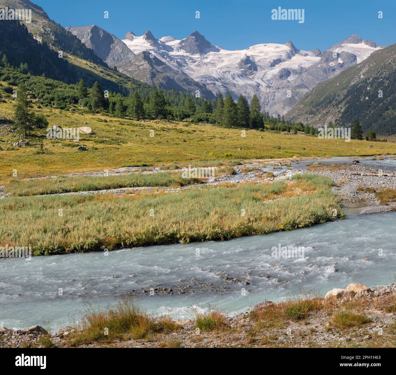 Svizzera - la valle del Roseg sotto le cime il Caputschin, la Muongia, Forcola alta e Ghiacciaio Roseg. Foto Stock