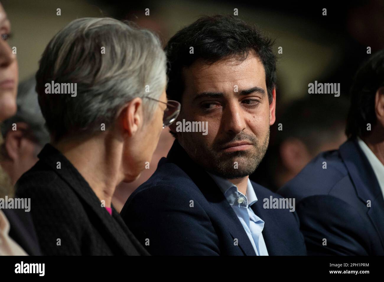 Parigi, Francia. 25th Mar, 2023. Stephane Sejourne e Elisabeth sono sopportati durante il congresso francese di partito di centro-destra di Horizons al Parc Floral a Parigi il 25 marzo 2023. Foto di Eliot Blondet/ABACAPRESS.COM Credit: Abaca Press/Alamy Live News Foto Stock