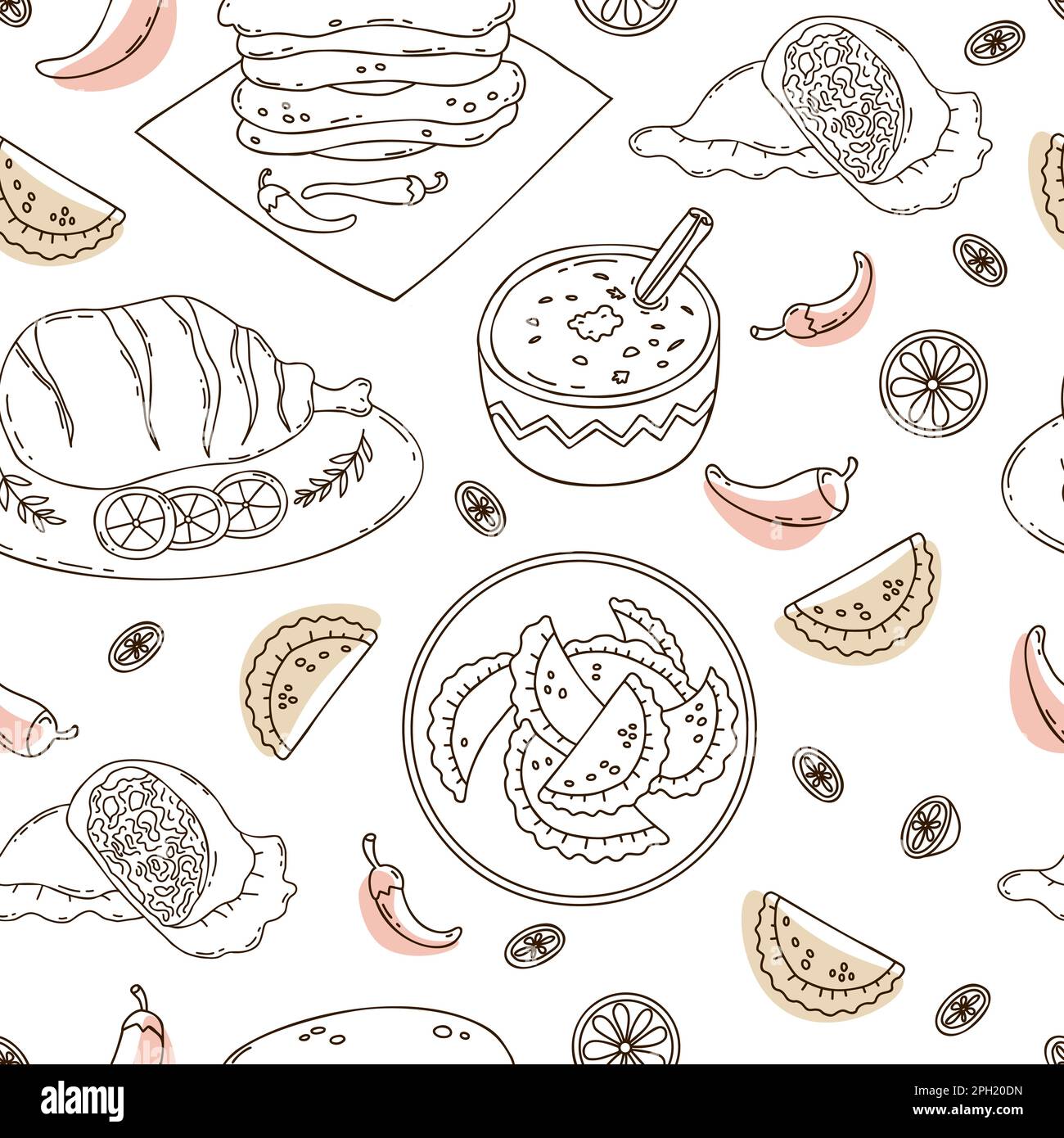 Motivo senza cuciture con Empanadas messicane, tortillas con peperoncino, carne alla griglia e budino di riso con bastone di cannella su sfondo bianco. Vettore i Illustrazione Vettoriale
