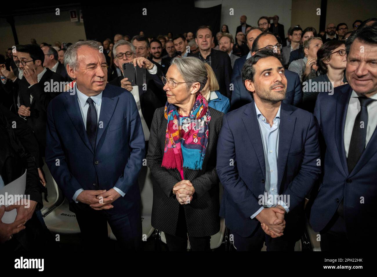 Parigi, Francia. 25th Mar, 2023. Francois Bayrou e elisabeth Borne e Stephane Sejourne durante il congresso francese di partito di centro-destra Horizons al Parc Floral di Parigi il 25 marzo 2023. Foto di Eliot Blondet/ABACAPRESS.COM Credit: Abaca Press/Alamy Live News Foto Stock