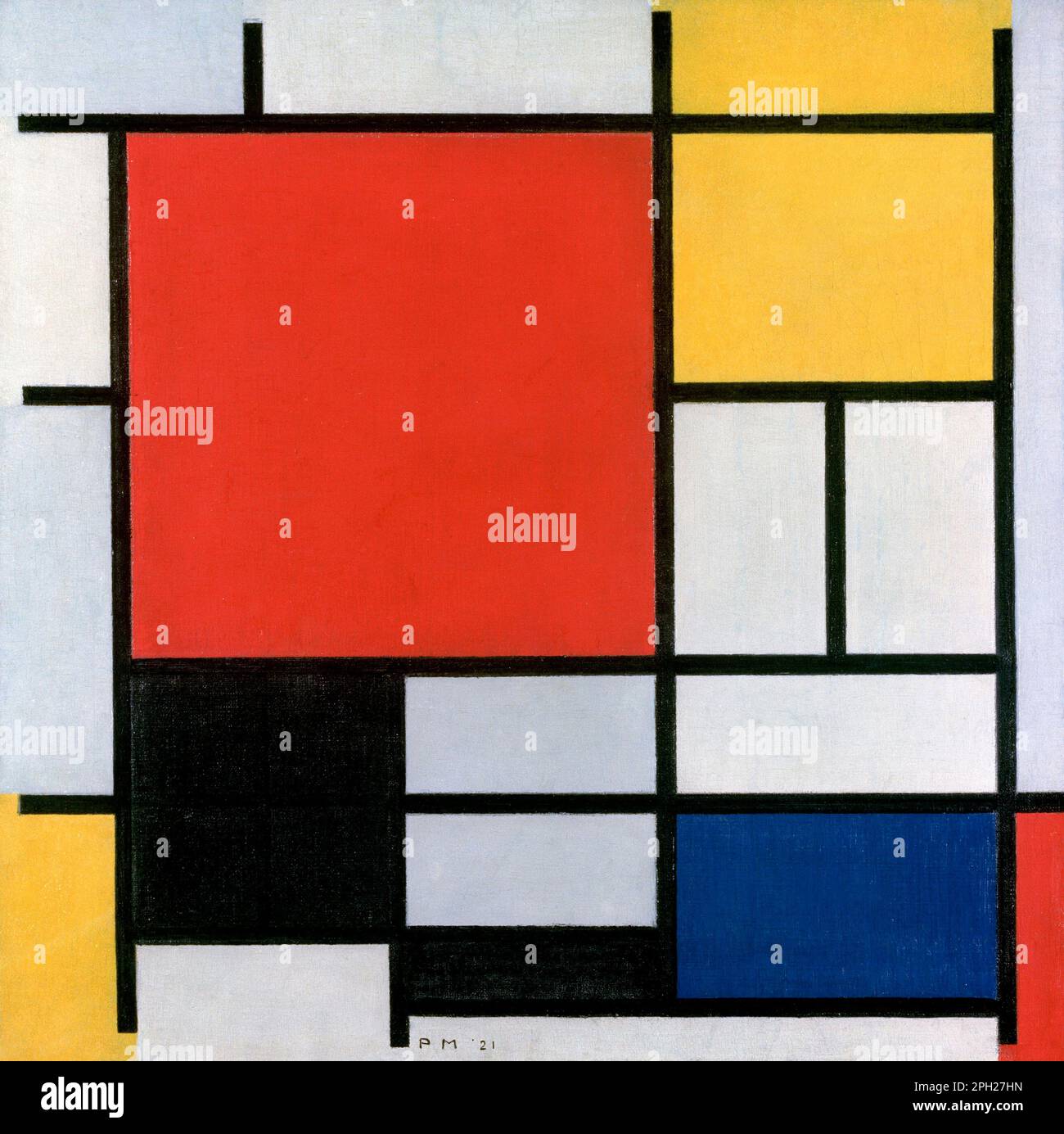 Composizione di Piet Mondrian con il famoso dipinto Rosso, giallo, Blu e Nero (1921). Foto Stock