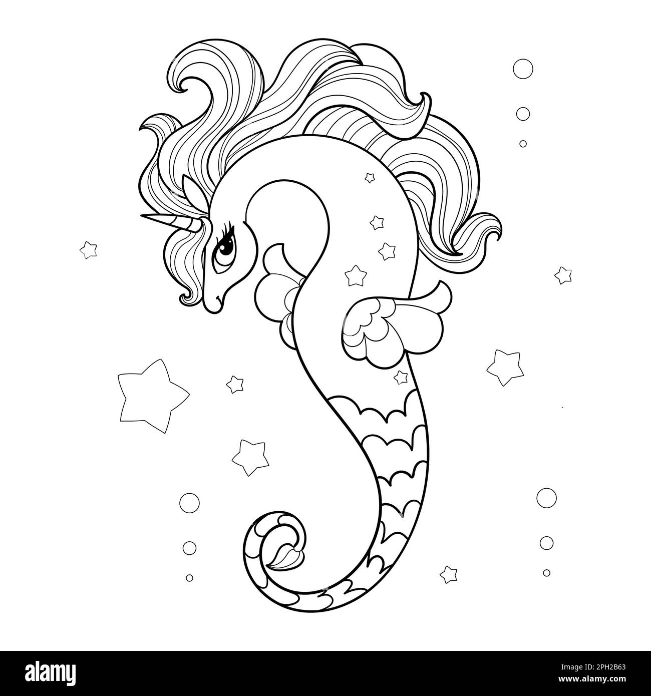 Cavallo di mare, unicorno. Ripetizione lineare in bianco e nero. Vettore Illustrazione Vettoriale