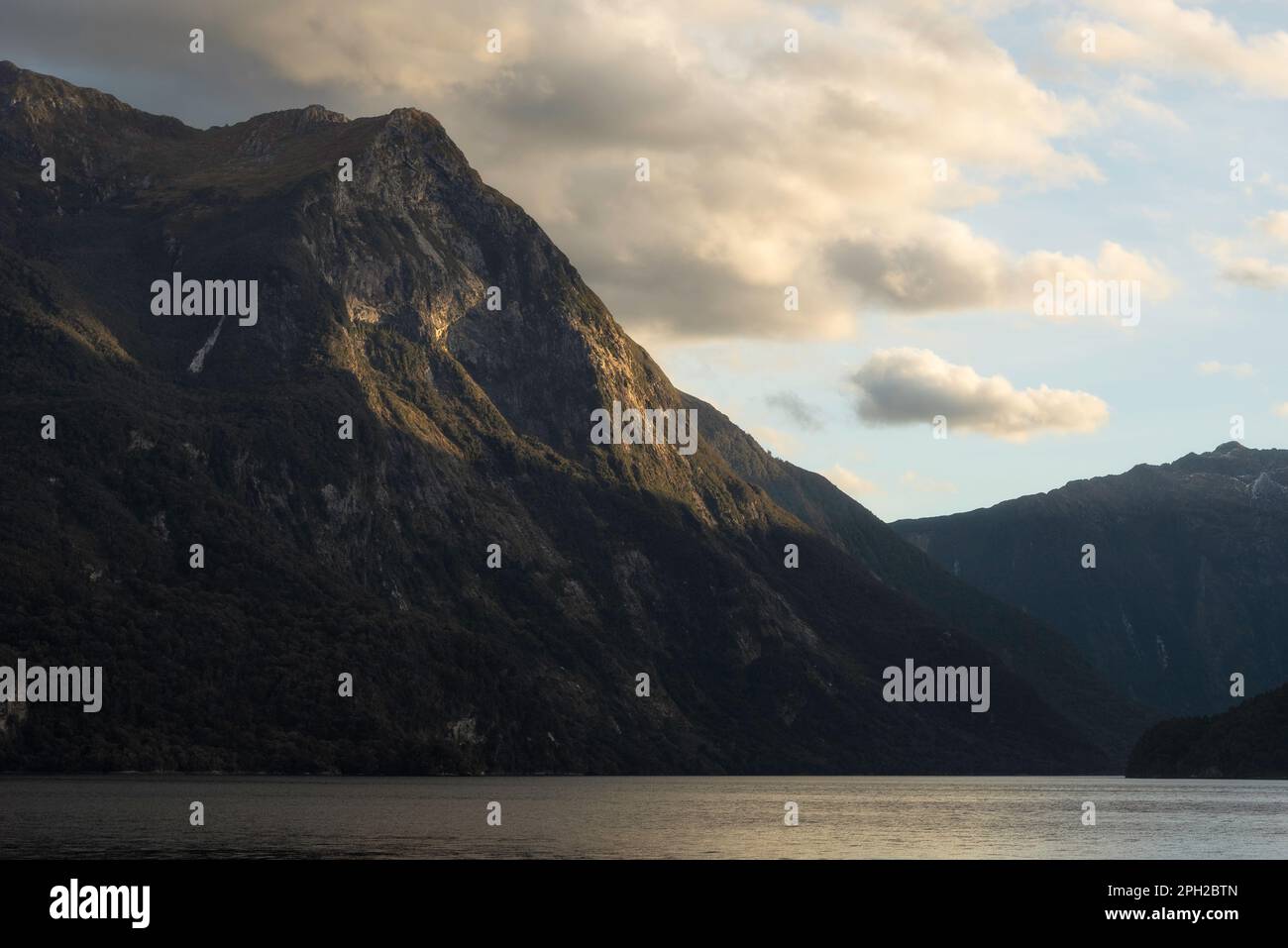 La luce serale illumina le torreggianti montagne e scogliere che fiancheggiano il dubbioso suono in Nuova Zelanda. Foto Stock
