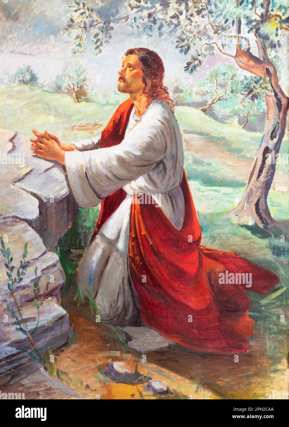 GENOVA, ITALIA - 7 MARZO 2023: La preghiera di pittura moderna di Gesù nel giardino del Getsemani nella chiesa di Francesco da Paola di G. Sanguineti. Foto Stock