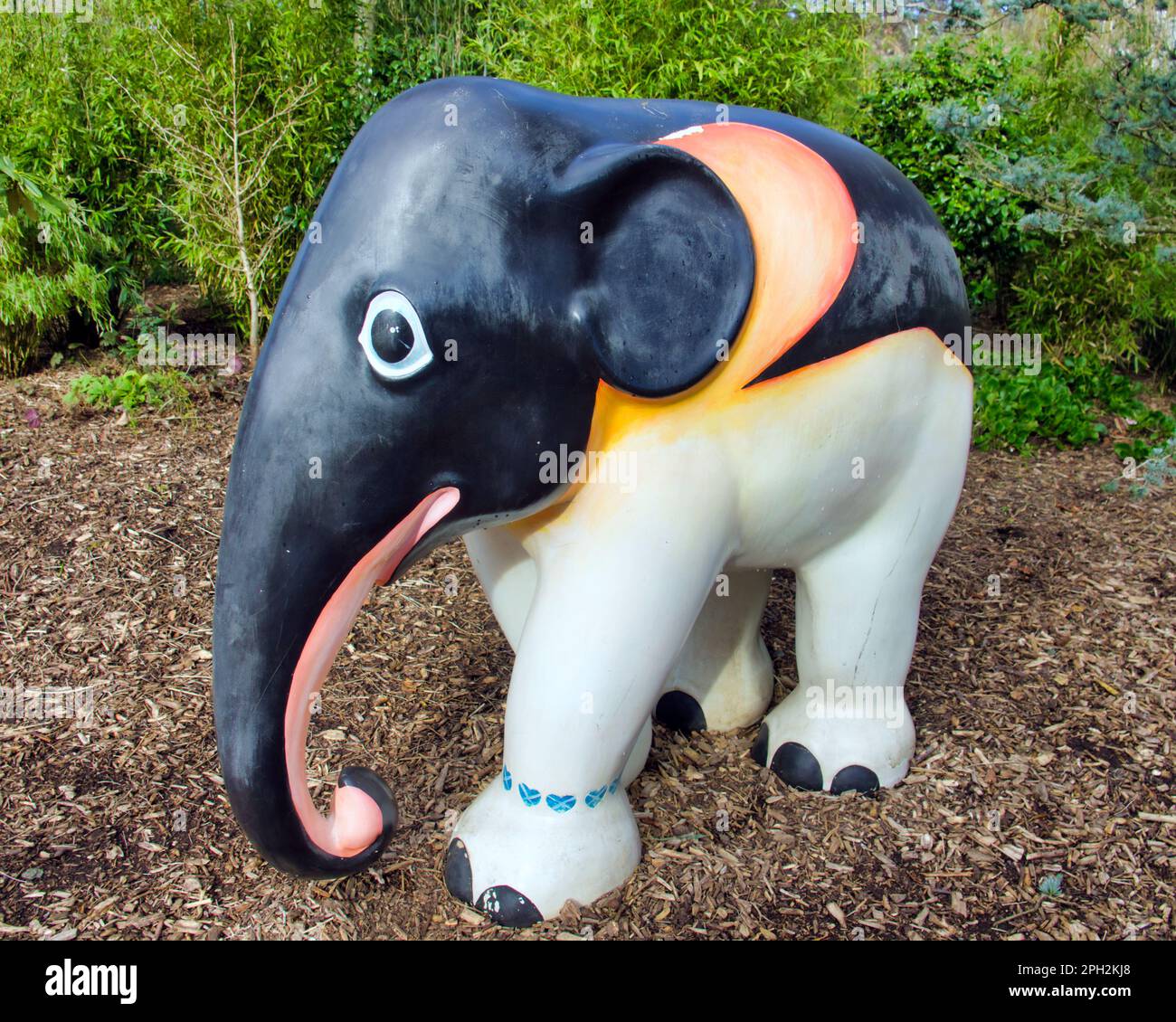 edinburgh zoo statua decorativa baby elefante stagno pinguini colori accanto al loro recinto Foto Stock