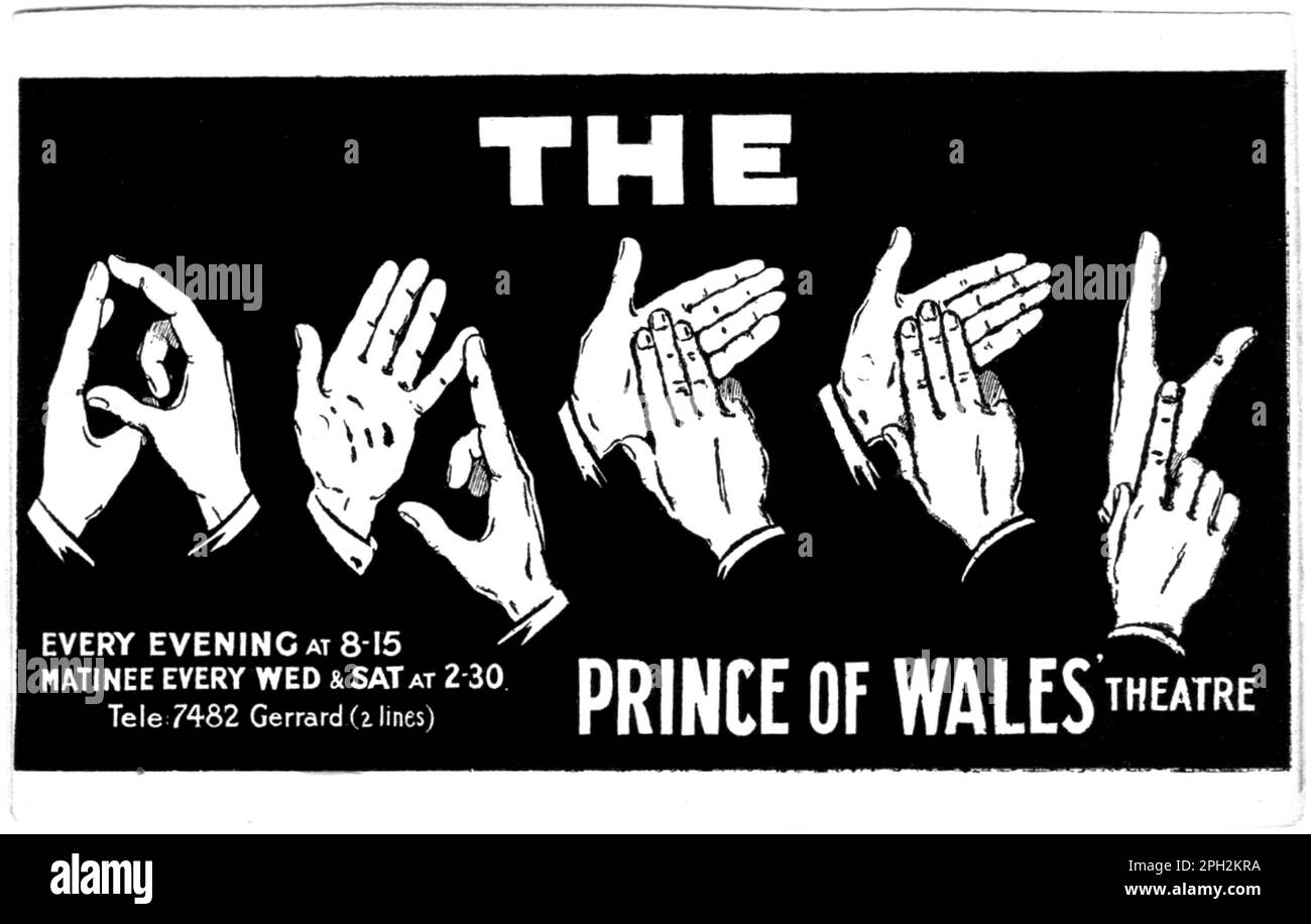 1945 CA , LONDRA , GRAN BRETAGNA : IL TEATRO DEL PRINCIPE DI GALLES , A PICCADILLY CIRCUS , W1 . Cartolina pubblicitaria per lo spettacolo IL MANICHINO , con spettacoli ventriloquisti . Il Price of Wales Theatre esiste ancora oggi ed è in piena attività teatrale e uno dei più rinomati teatri musicali britannici. Unknwnown ilustrator . - STORIA - FOTO STORICHE - ILLUSTRAZIONE - ILLUSTRAZIONE - DANZA - danza - danza - MUSICAL - ANNI TRENTA - '30 - 30 - cartolina - Flyer - MANI - MANI - ALFABETO PER MUTI - MUTO - ALPHABETH per MUTES - silenzioso - muto - senza parole - senza voce - senza voce - mutismo - sfiato Foto Stock