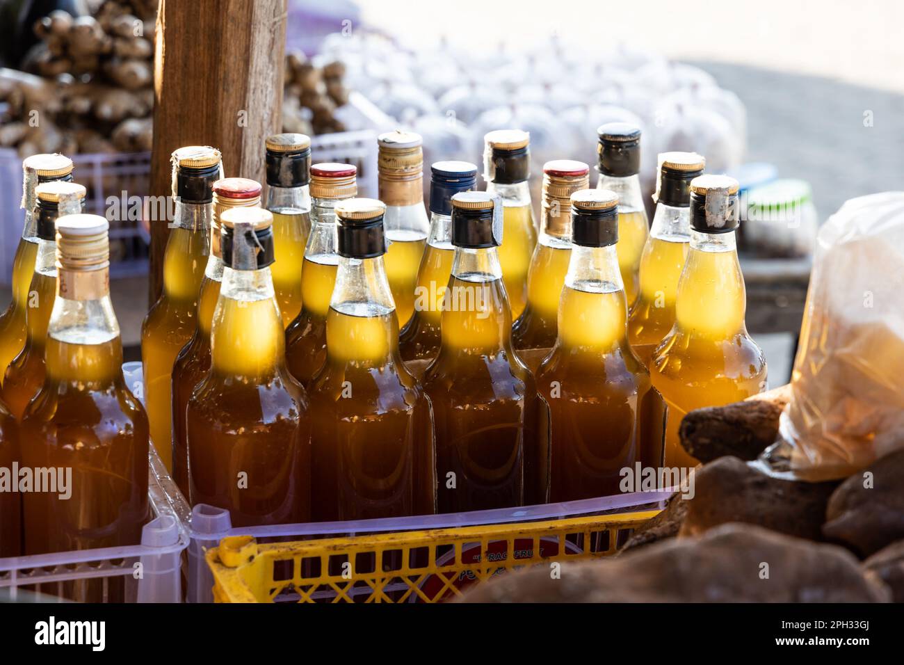 Miele puro coltivato localmente venduto in bancarelle lungo la strada Mae Hong Son e Pai nel nord della Thailandia Foto Stock