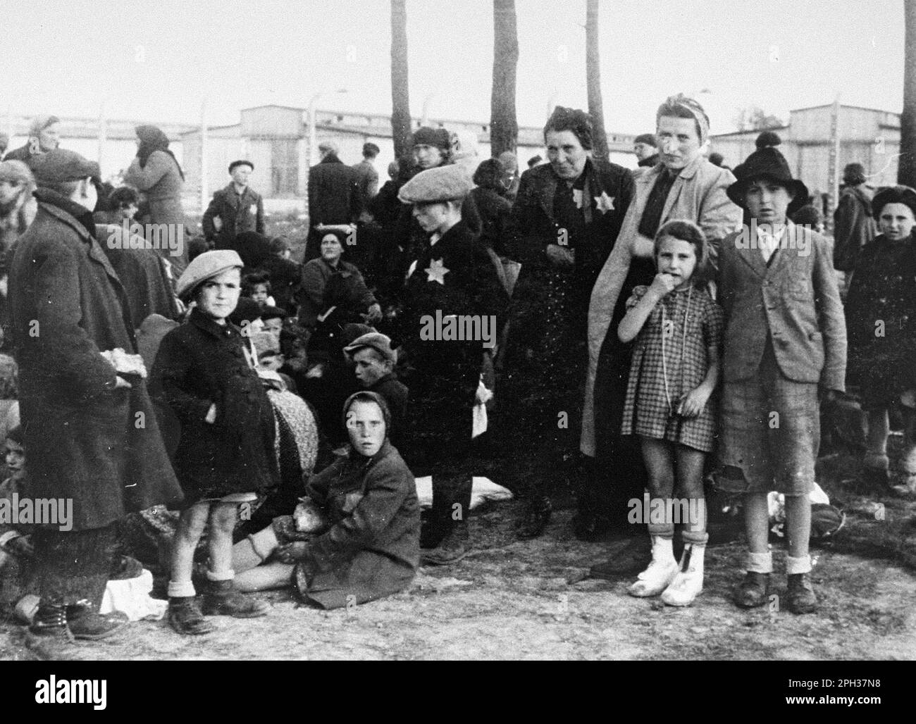 Ebrei ungheresi del Ghetto di Tet nel campo di sterminio di Auschwitz-Birkenau durante la seconda metà del 1944 camminando verso le camere a gas. Dopo il processo di selezione sulla piattaforma della stazione ferroviaria, quelli destinati a morire sono stati camminati direttamente verso le camere a gas. Foto Stock