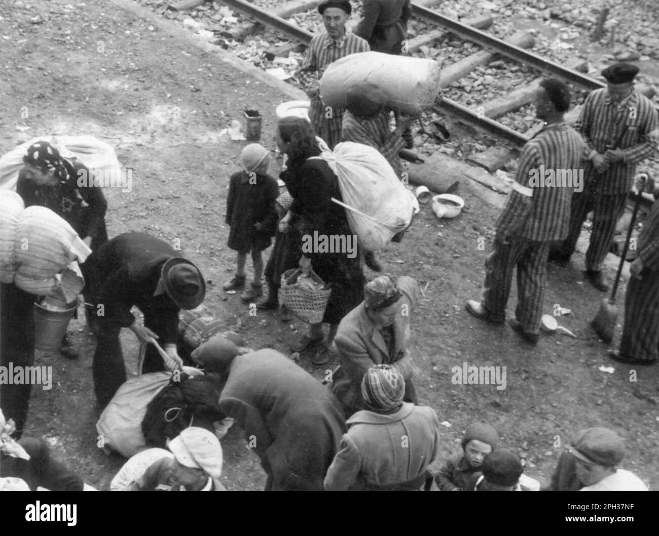 Nuovi arrivi, campo di concentramento di Auschwitz II-Birkenau nel giugno 1944. Stanno raccogliendo i loro effetti personali prima di dirigersi verso la rampa di selezione, dove entreranno in lavori forzati o subito nelle camere a gas. Foto Stock