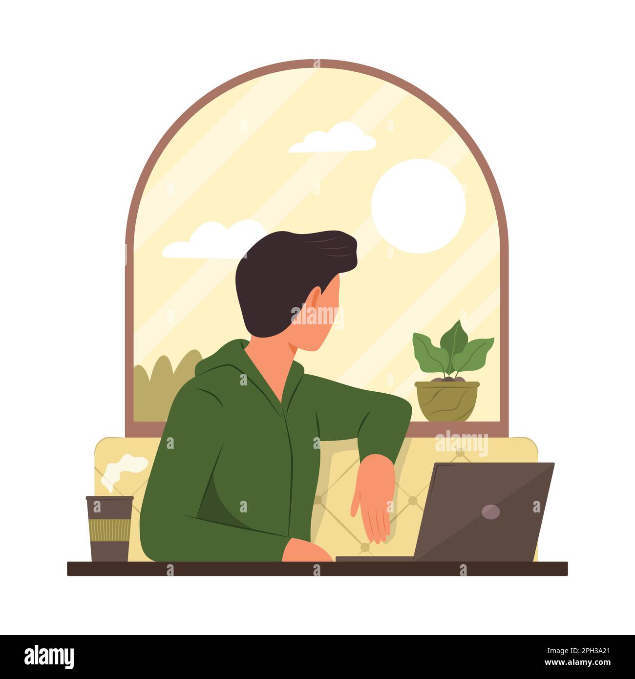 Uomo freelance che si rilassa dopo il lavoro e guarda il tramonto attraverso la finestra di vetro Illustrazione Vettoriale