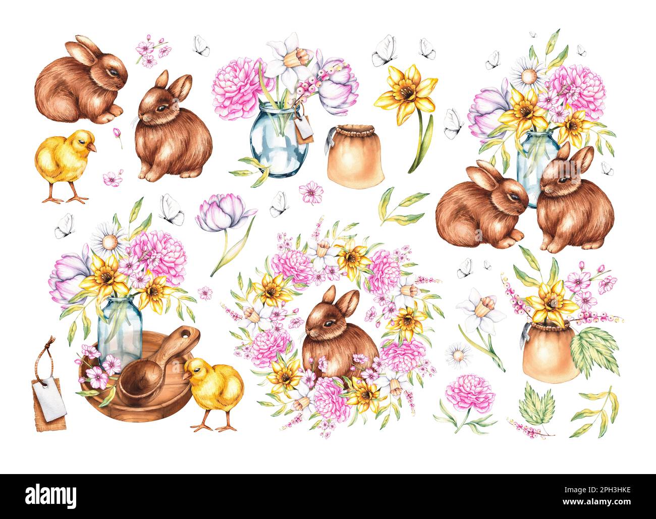 Acquerello con lepre, fiori in vaso, pollo, corona su fondo bianco. Set isolato per la progettazione di etichette, adesivi, confezioni, posta Foto Stock