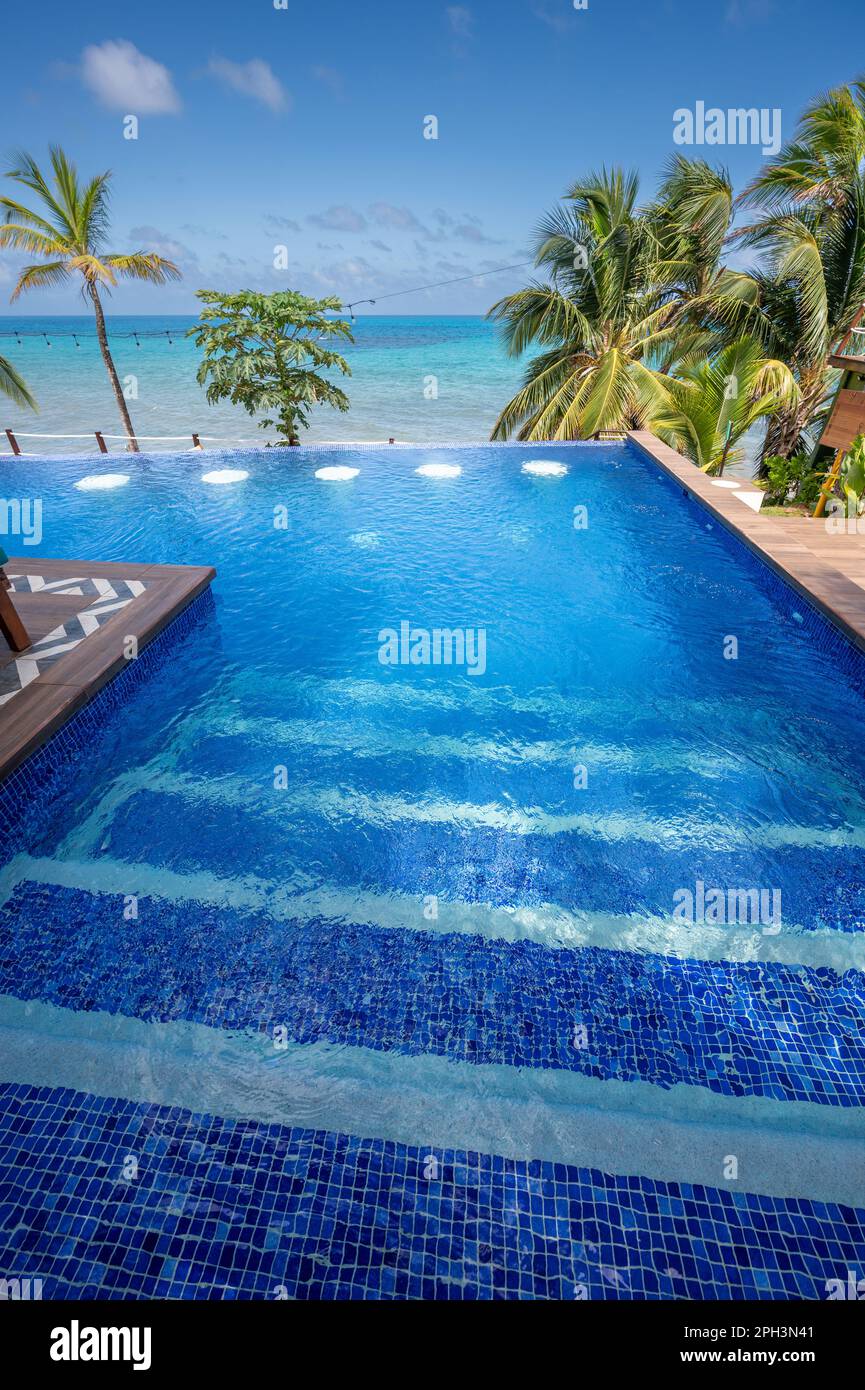 La piscina era pulita e vuota, sullo sfondo di una spiaggia tropicale con palme Foto Stock