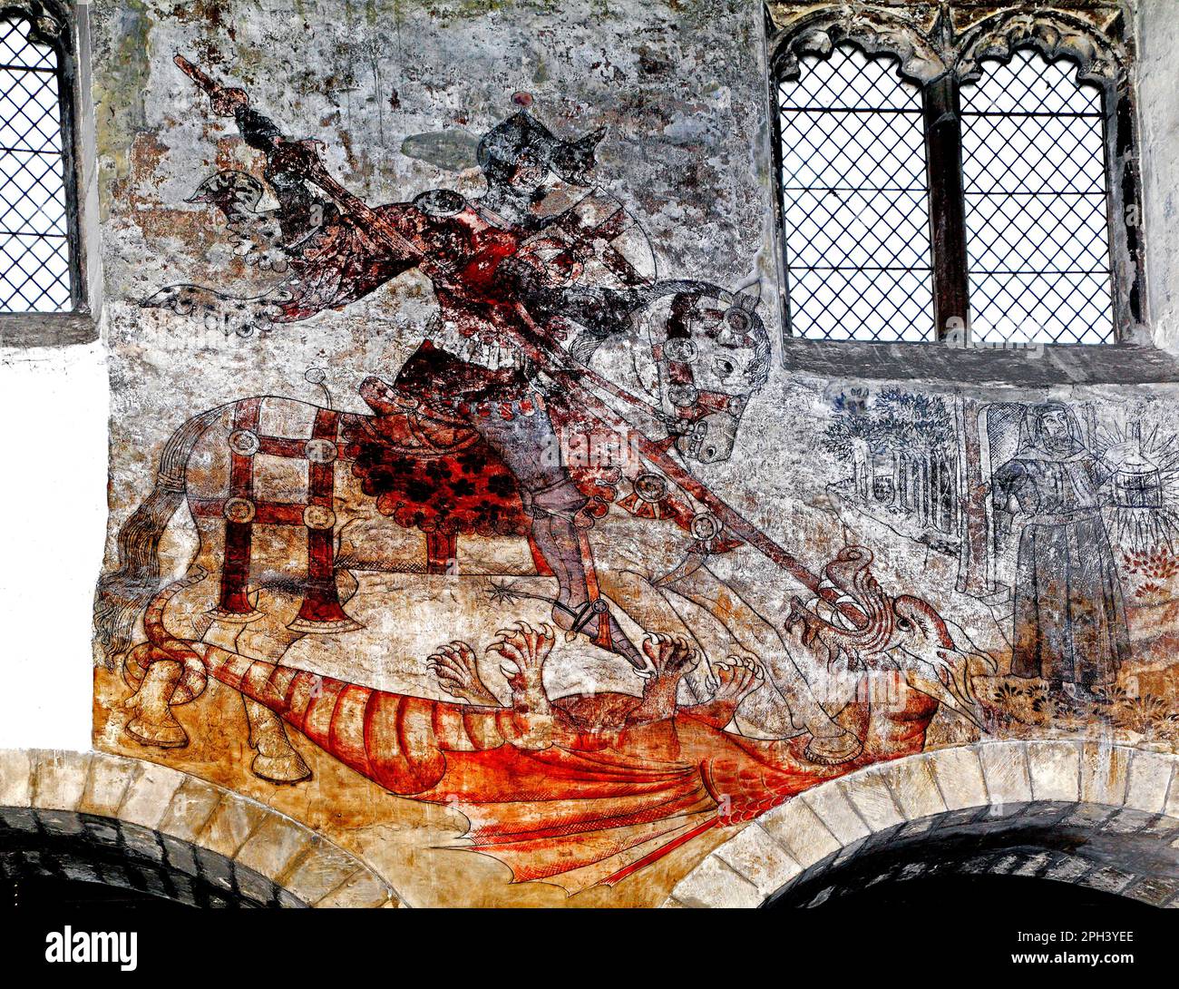 St George and Dragon, pittura murale medievale, Pickering, Yorkshire Foto Stock