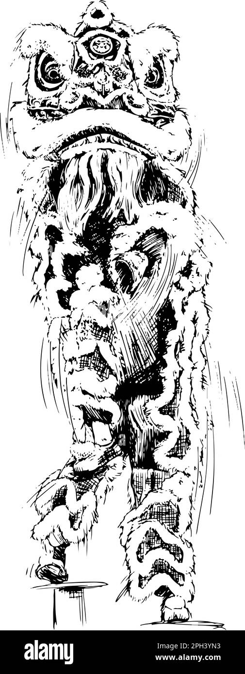 Danza del leone cinese, disegno a mano, illustrazione vettoriale Illustrazione Vettoriale