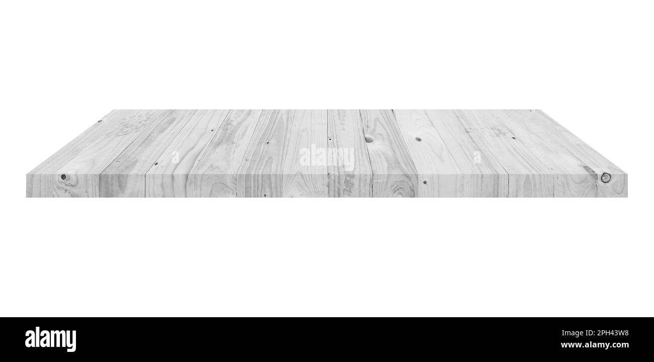 Ripiano in legno su fondo bianco isolato con spazio Foto Stock