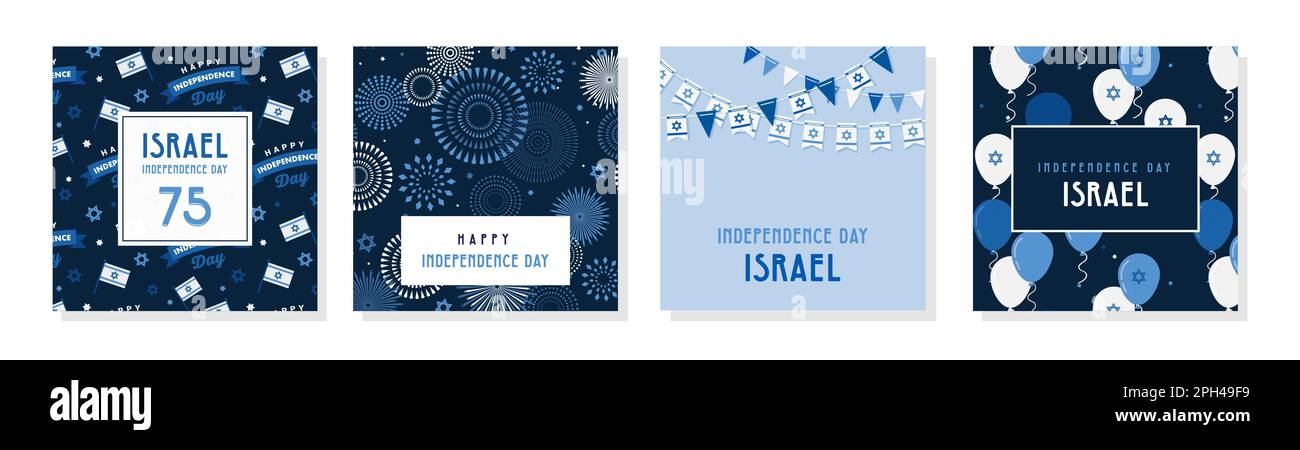 Israele giorno indipendenza modello di progettazione per schede, poster, invito, sito web. 75 celebrazione, Giornata Nazionale d'Israele. bandiera, palloncini e fuochi d'artificio. Illustrazione Vettoriale