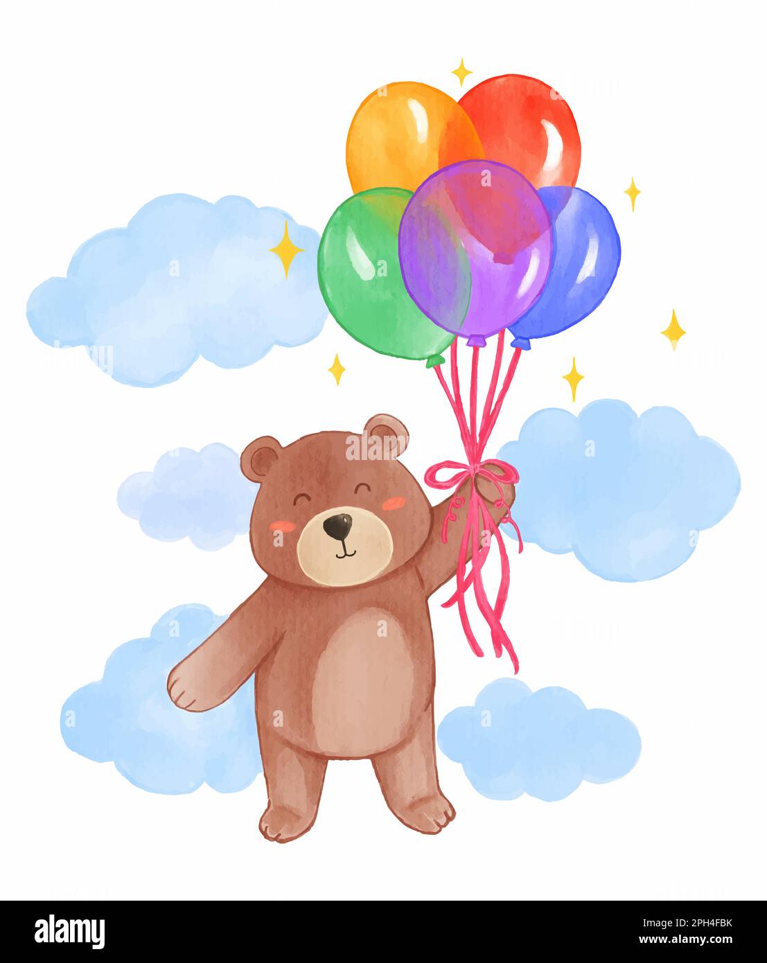 L'orso bruno galleggia con palloncini nel cielo . Vernice acquerello realistica con carta testurizzata . Disegno di carattere di cartone animato . Vettore . Illustrazione Vettoriale