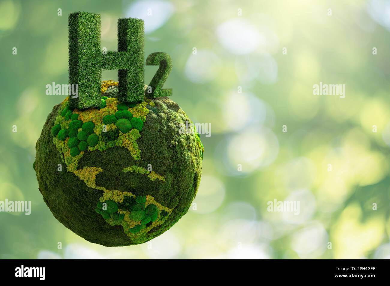 Simbolo di idrogeno H2 da erba e pianeta verde Terra da mos. Foto di alta qualità Foto Stock
