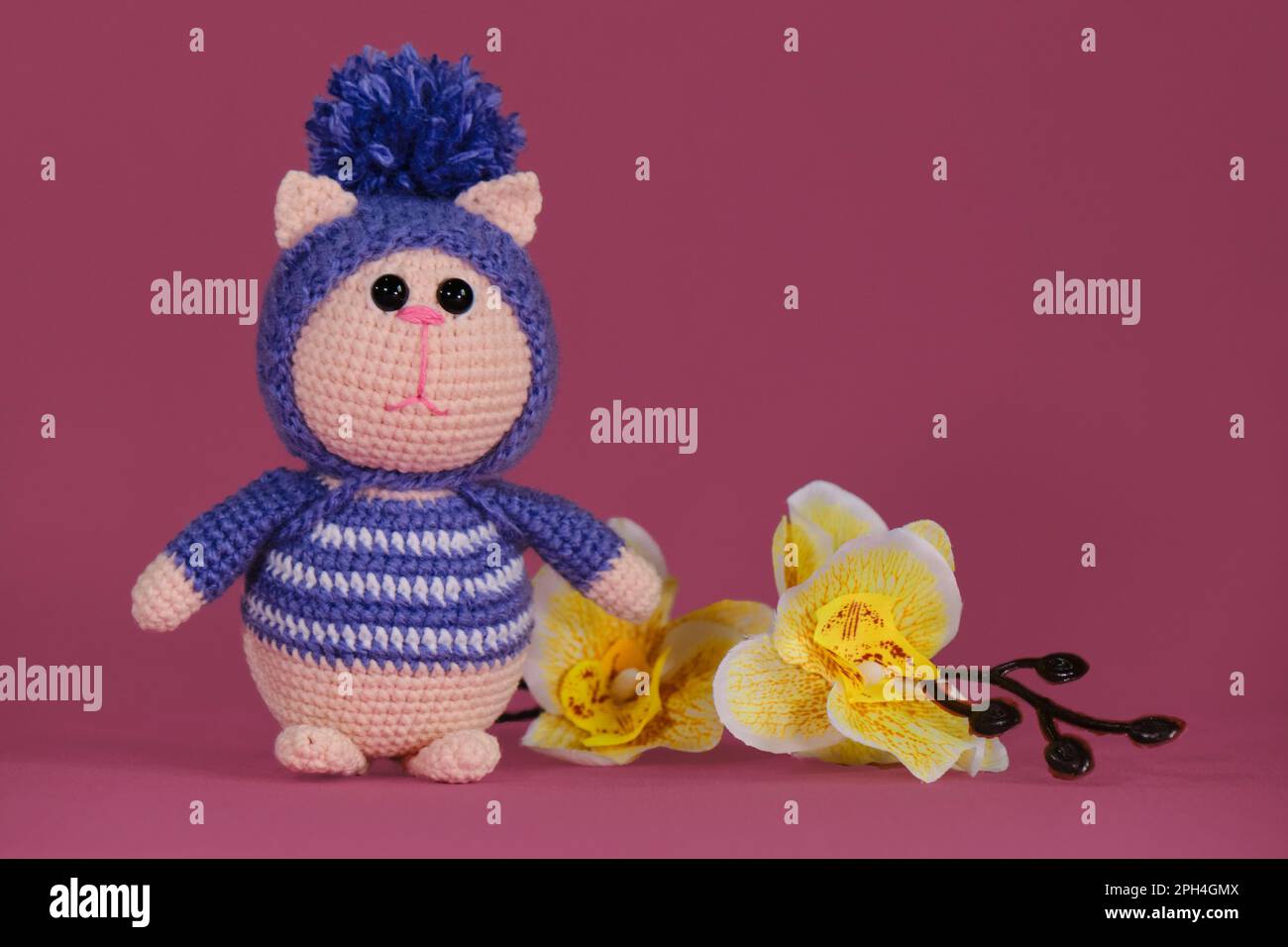 Bambola di gattino Amigurumi su sfondo rosa accanto a fiori di orchidea  gialla. Un morbido giocattolo fai da te in cotone. Un gatto rosa che  indossa abiti viola striati e Foto stock -