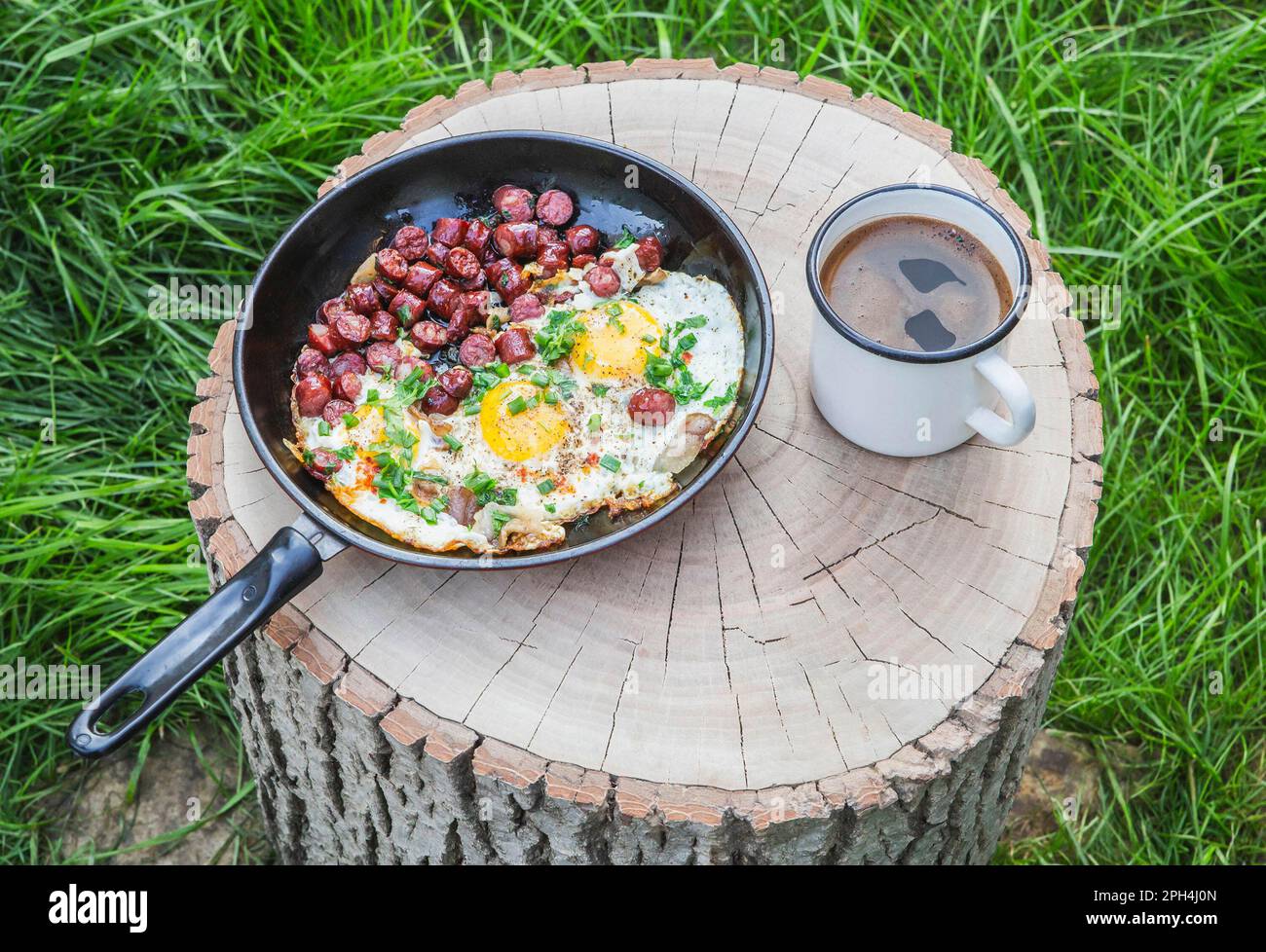uova strapazzate con salsiccia e caffè su un ceppo nella foresta Foto Stock
