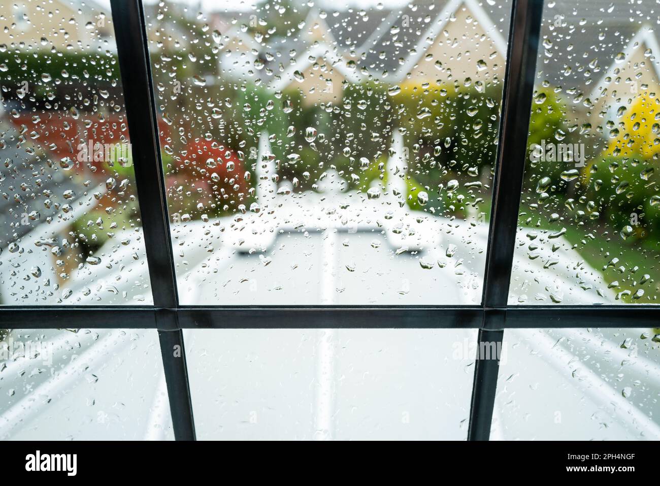 Fuoco poco profondo delle gocce di pioggia visto quando guardando fuori da una finestra della camera da letto del piano superiore. Un grande giardino d'inverno è visto sotto, incorniciato dal piombo. Foto Stock