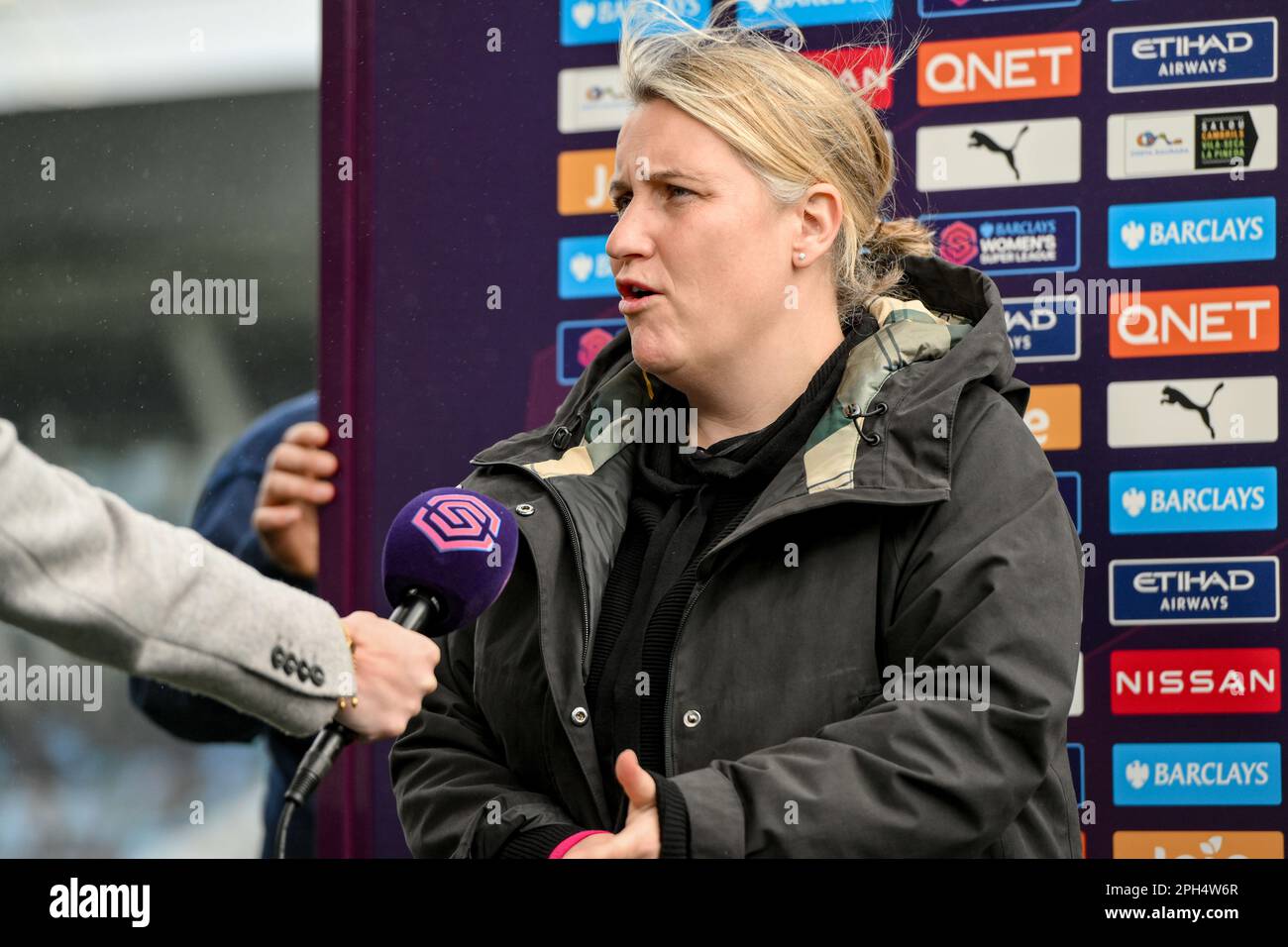 Emma Hayes, Chelsea Women Manager, intervista rilasciata prima della partita della fa Women's Super League Manchester City Women vs Chelsea FC Women al campus di Etihad, Manchester, Regno Unito, 26th marzo 2023 (Foto di ben Roberts/News Images) a Manchester, Regno Unito, il 3/26/2023. (Foto di ben Roberts/News Images/Sipa USA) Foto Stock