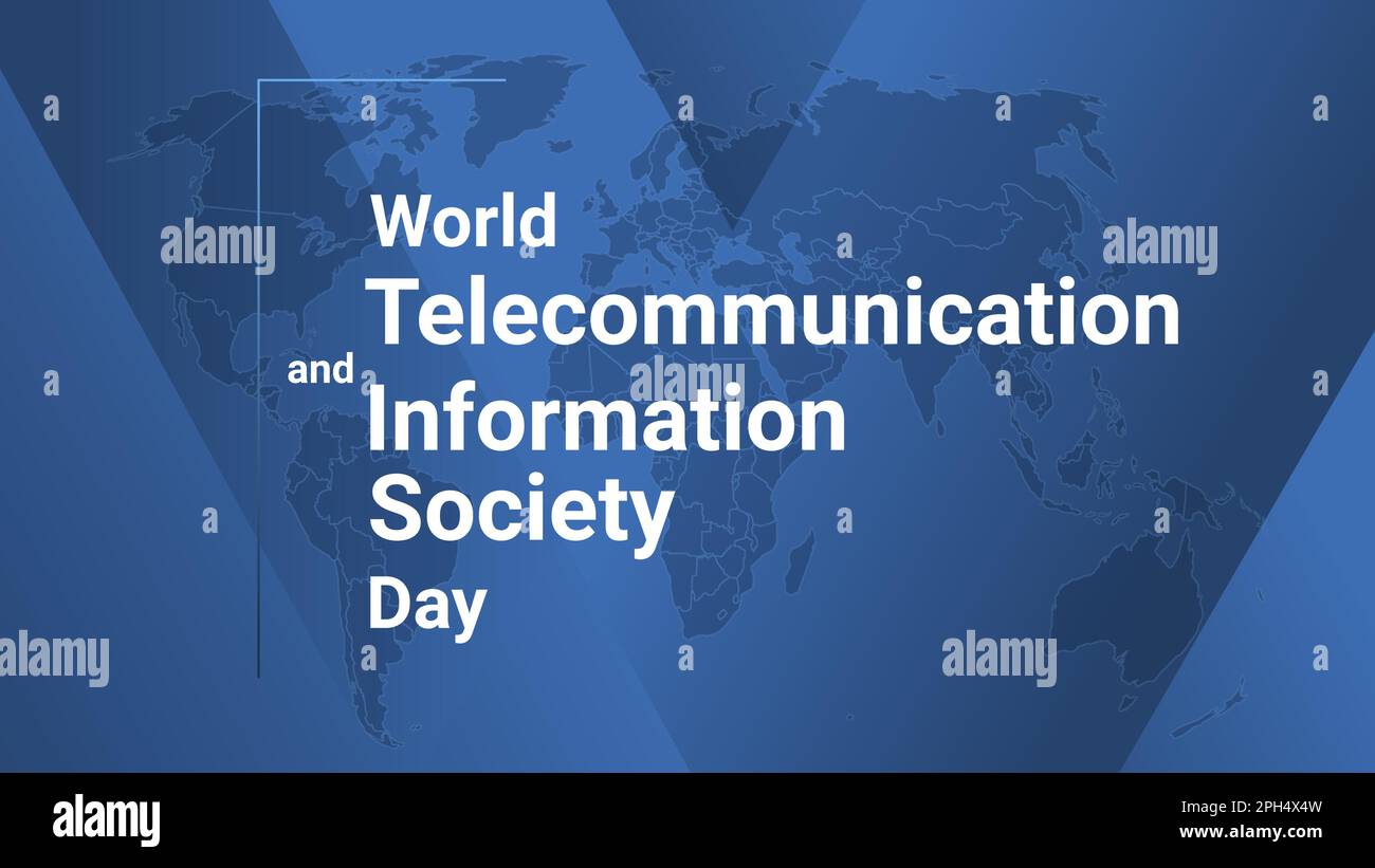 Carta di soggiorno internazionale per la Giornata Mondiale delle Telecomunicazioni e della Società dell'informazione. Poster con mappa terrestre, sfondo con linee sfumate blu, testo bianco. FLA Illustrazione Vettoriale