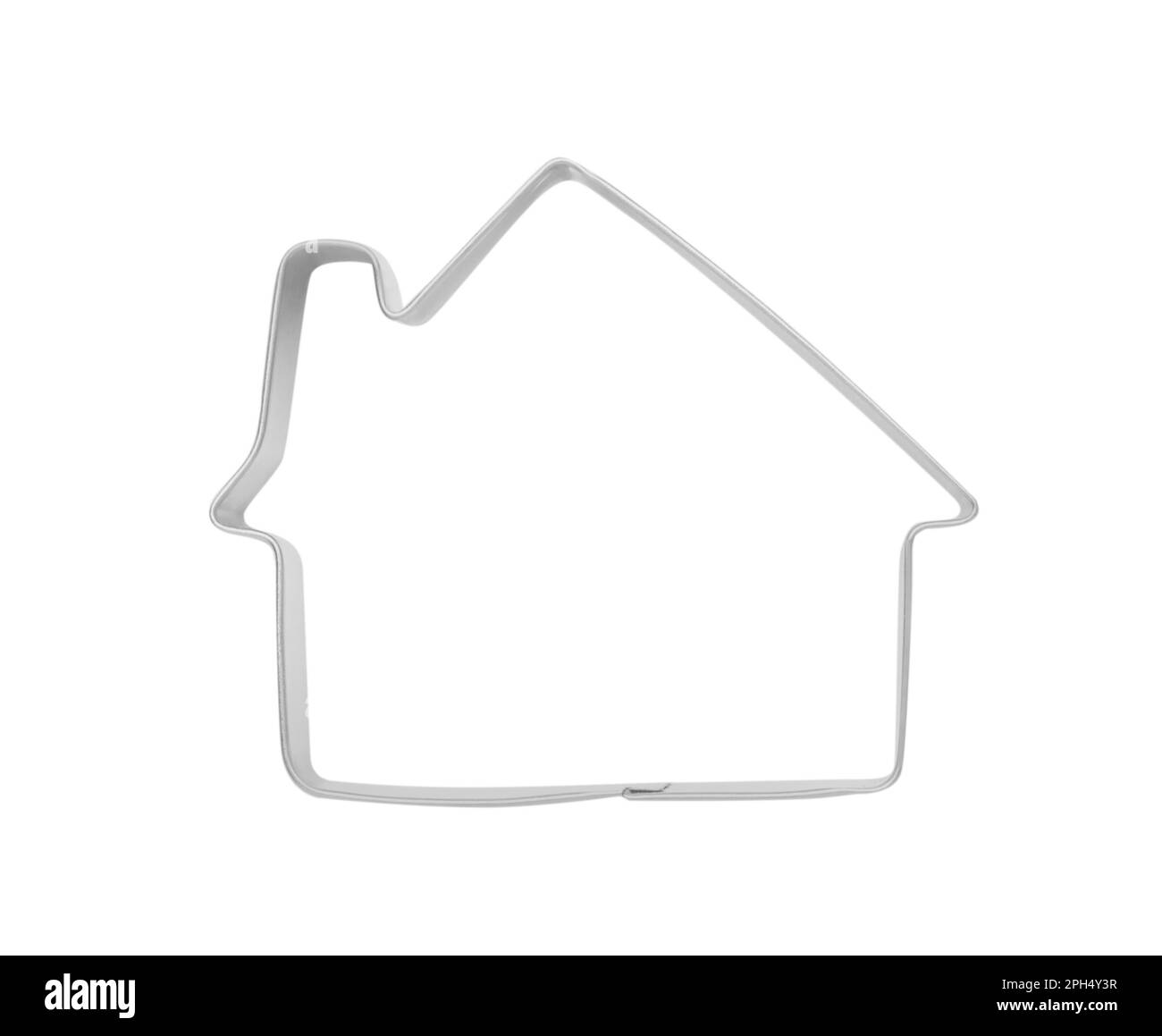 Taglierina per biscotti a forma di casa su sfondo bianco, vista dall'alto Foto Stock