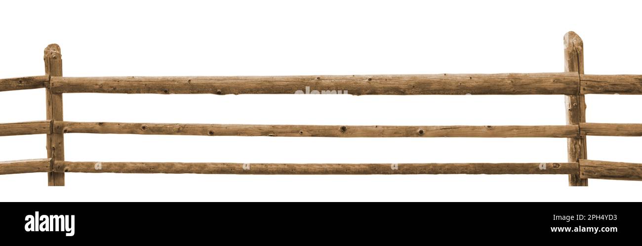 Recinzione in legno di legno vecchio isolato su bianco. Design del banner Foto Stock