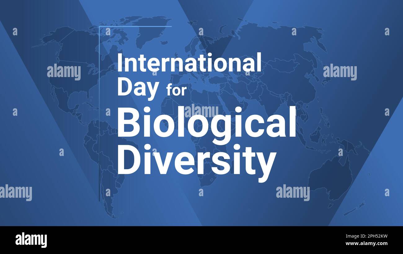 Tessera per la Giornata Internazionale della diversità biologica. Poster con mappa terrestre, sfondo con linee sfumate blu, testo bianco. Banner dal design piatto. Illustrazione Vettoriale
