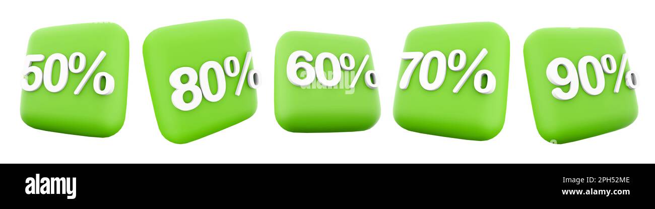 3d rendering 50, 60, 70, 80, 90% set di icone. 3d render promozione prodotto alla moda vendita stock modello di icona set. 50, 60, 70, 80, 90 percento. Foto Stock
