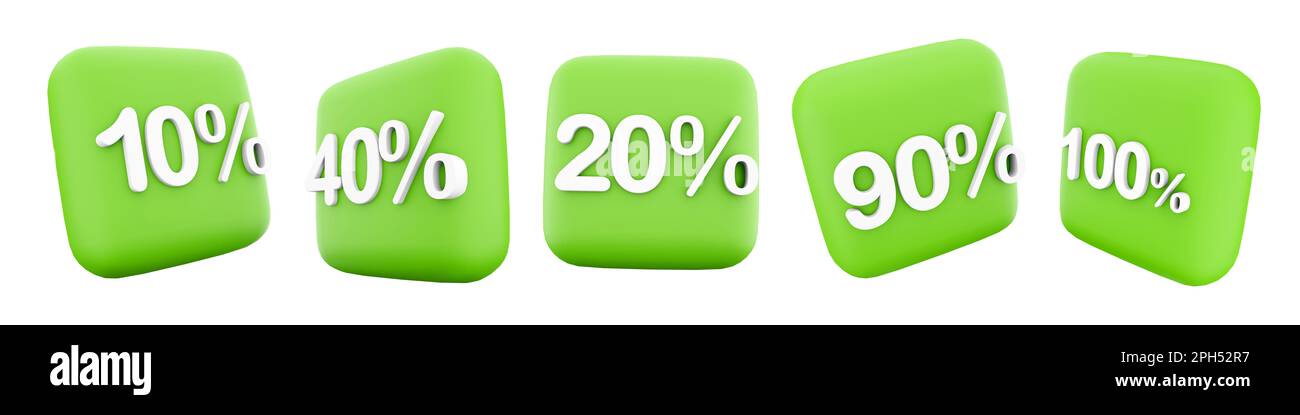3d rendering 10, 20 40, 90, 100% set di icone. 3d render vendita con eccellente offerta shopping icona set. 10, 20 40, 90, 100% Foto Stock