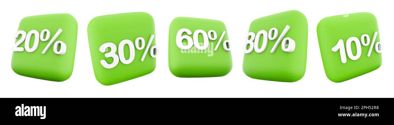 3d rendering 10, 20, 30, 60, 80% set di icone. 3d rendere la vendita su una determinata categoria di prodotti icone set. 10. 20. 30. 60. 80 per cento. Foto Stock