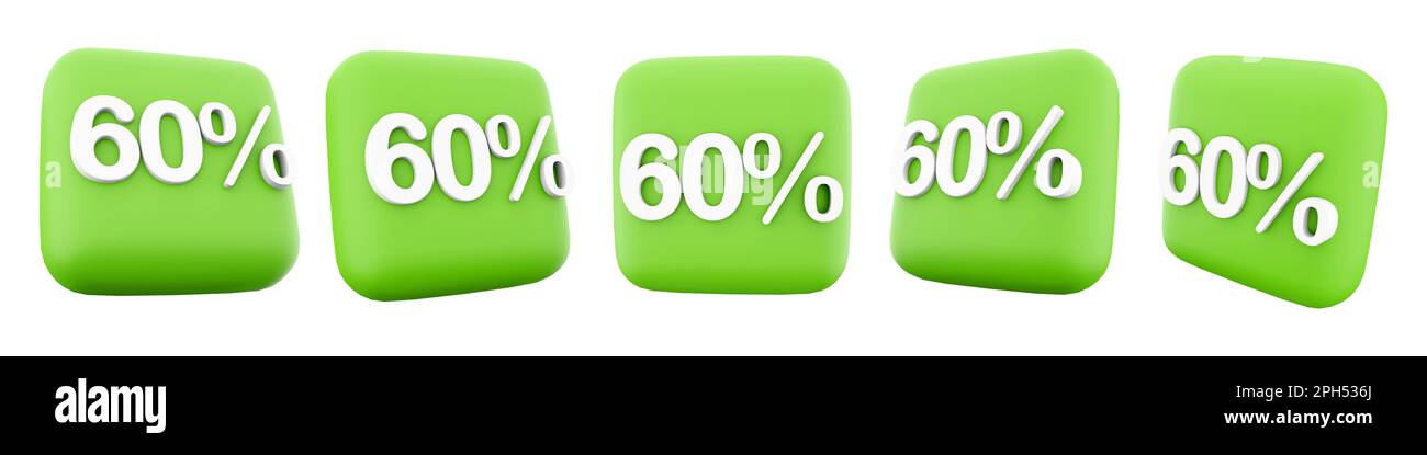 3d rendering del set di icone di posizioni diverse al 60%. 3d render grandi sconti sul set di icone merci. 60 per cento Foto Stock
