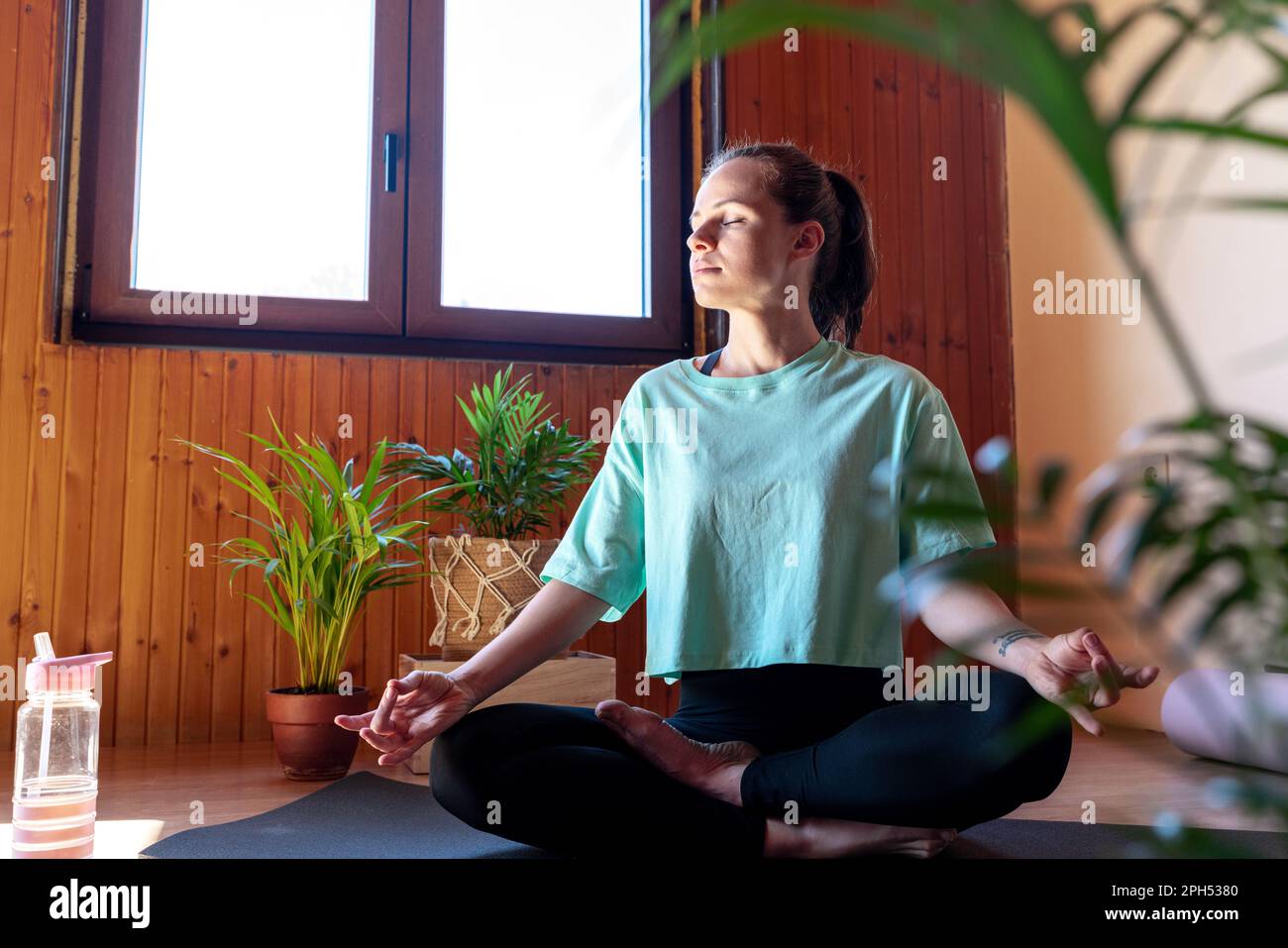 Donna seduta sul tappetino yoga a casa e meditando Foto Stock