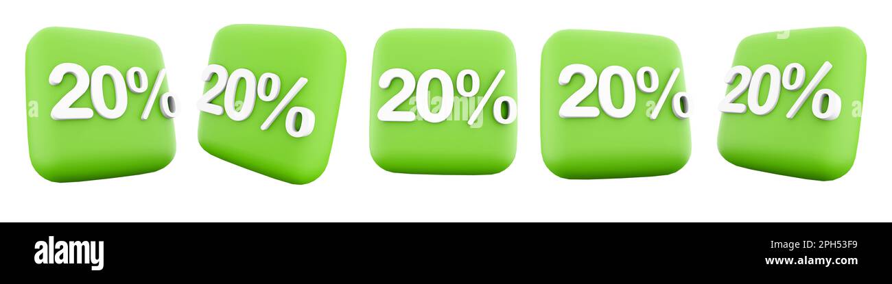 3d rendering del set di icone di posizioni diverse al 20%. 3D rendering vendita e sconto Prezzo icone Set. 20 per cento Foto Stock