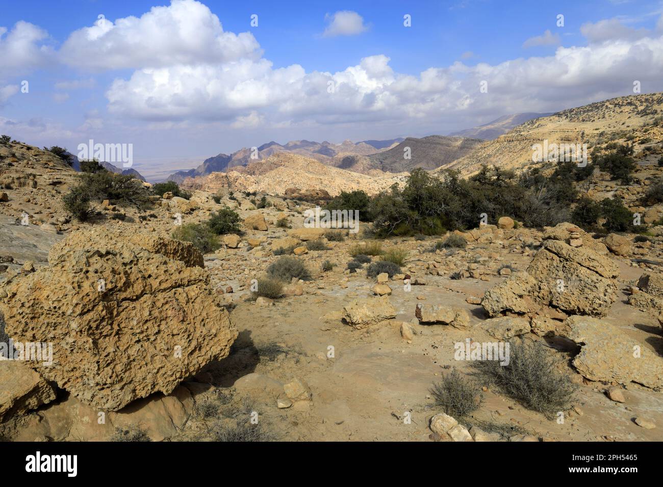 Vista sul paesaggio del Sahwah Wadi fino alle montagne Jabal Abu Mahmoud, Giordania centro-meridionale, Medio Oriente Foto Stock