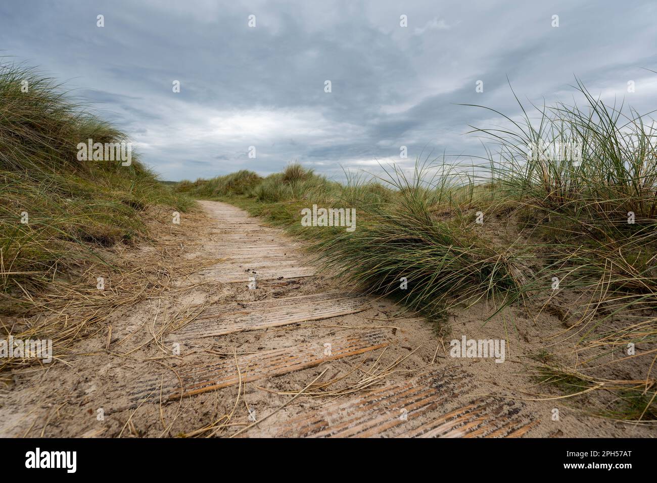Passerella in legno che conduce attraverso dune erbose alla spiaggia di Maghera, nella contea di Donegal, Irlanda Foto Stock