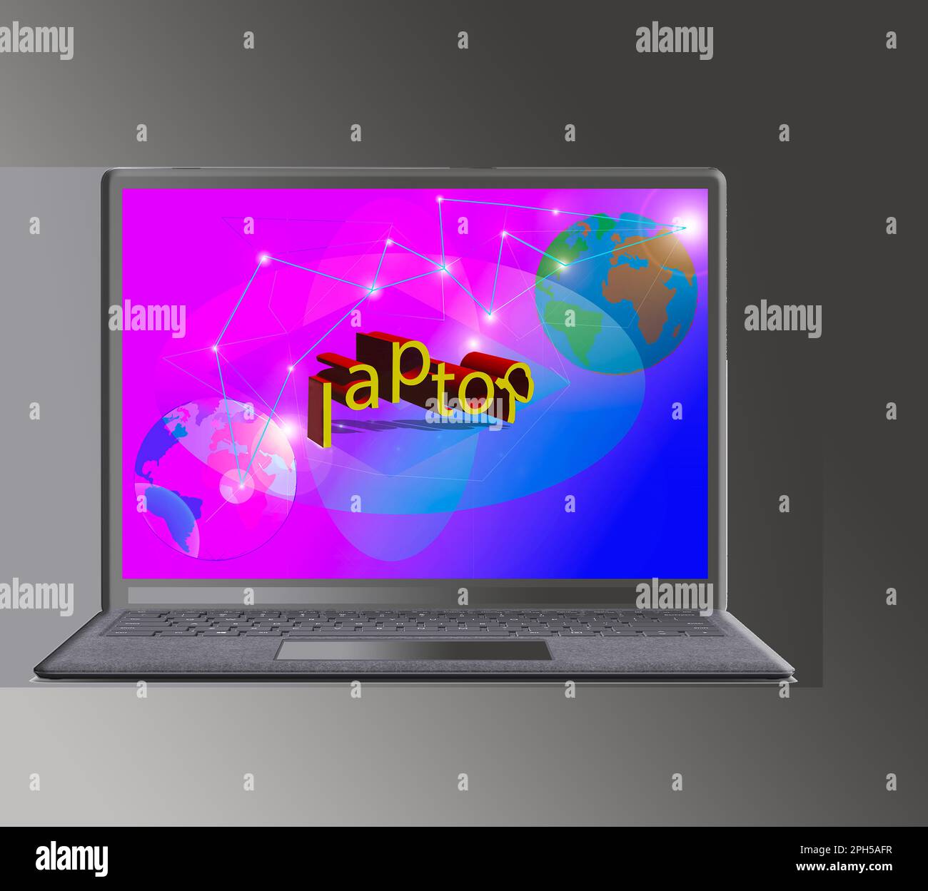 concetto di laptop con scritto sul retro colorato Foto Stock