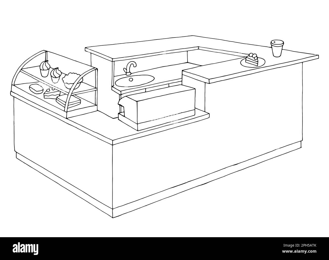 Cafe counter isola isolato grafico nero bianco interno disegno vettore di illustrazione Illustrazione Vettoriale
