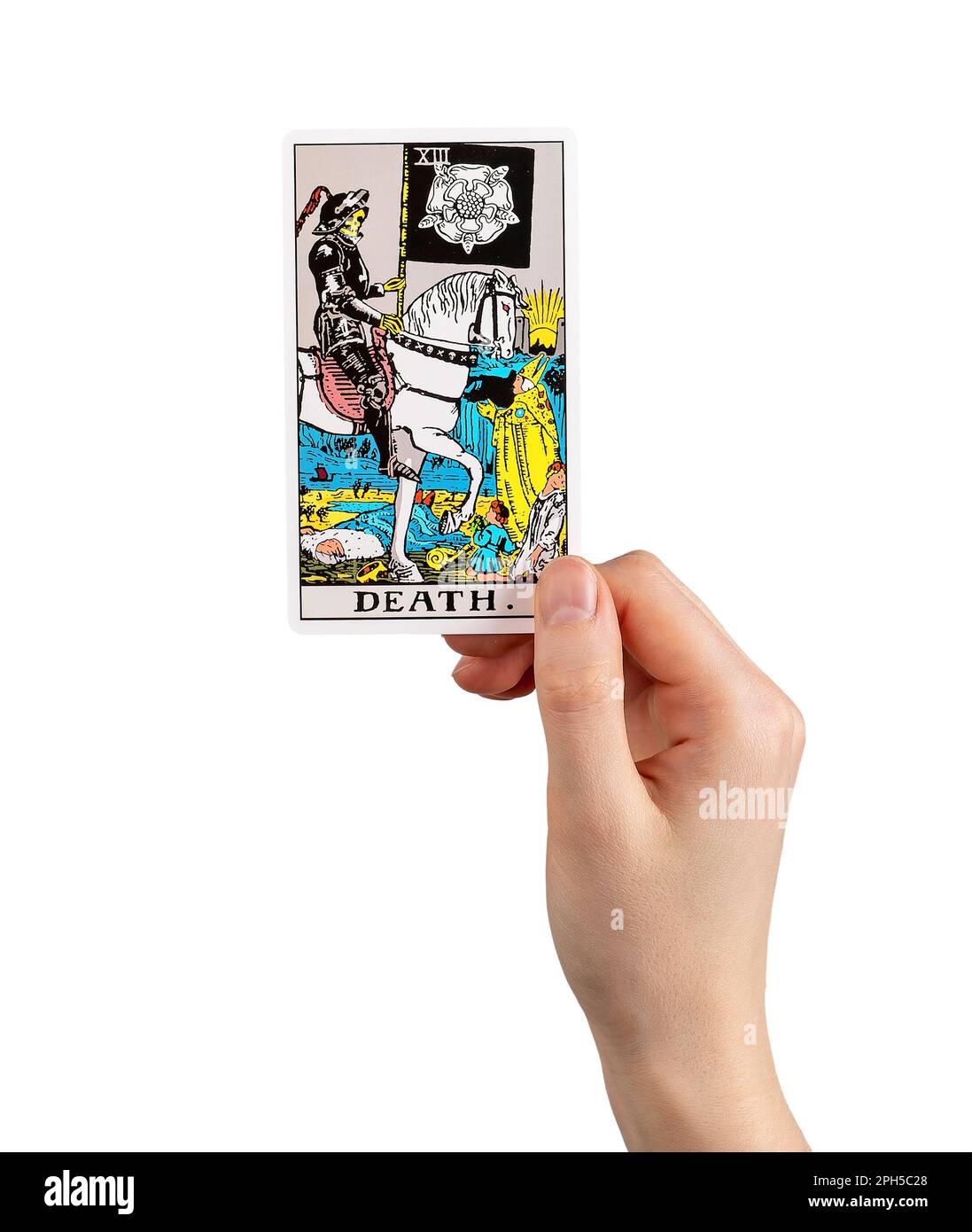Morte, carta tarocchi in mano, brutto negativo arcana maggiore isolato su bianco. Foto Stock