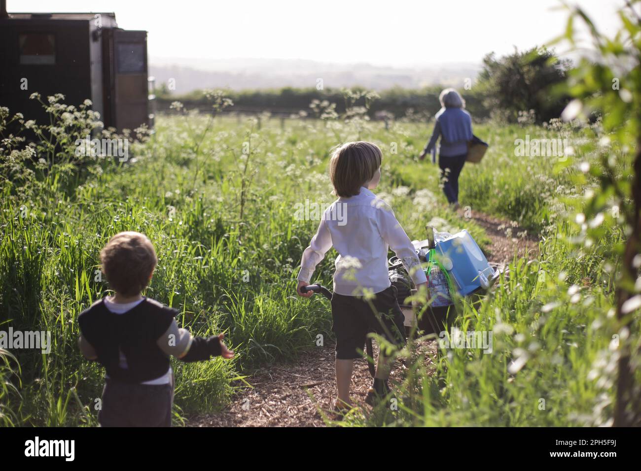 La famiglia cammina attraverso un prato selvaggio Foto Stock