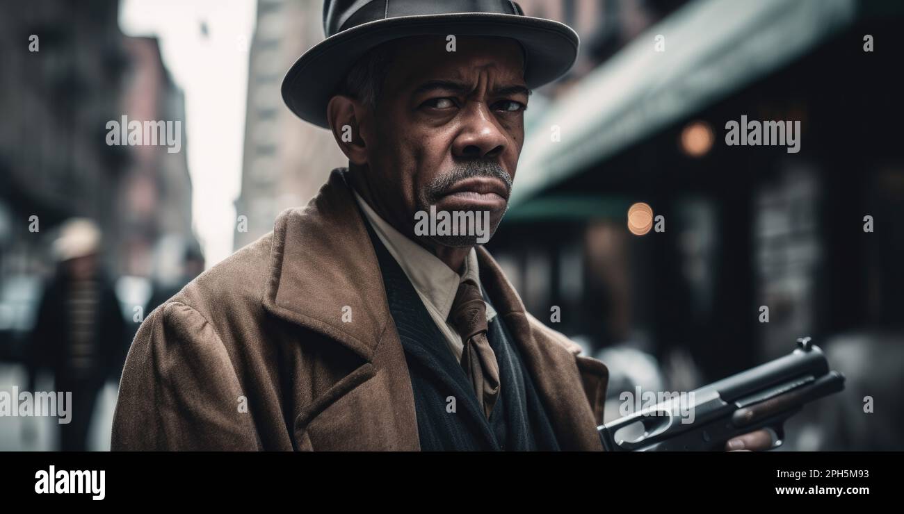 Vintage Underworld: Un Dapper Mobster comanda le strade della vecchia New York Foto Stock